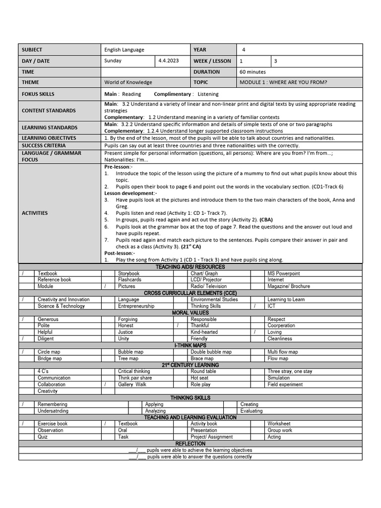 Year 4 English: Countries & Nationalities | PDF | Learning | Human ...