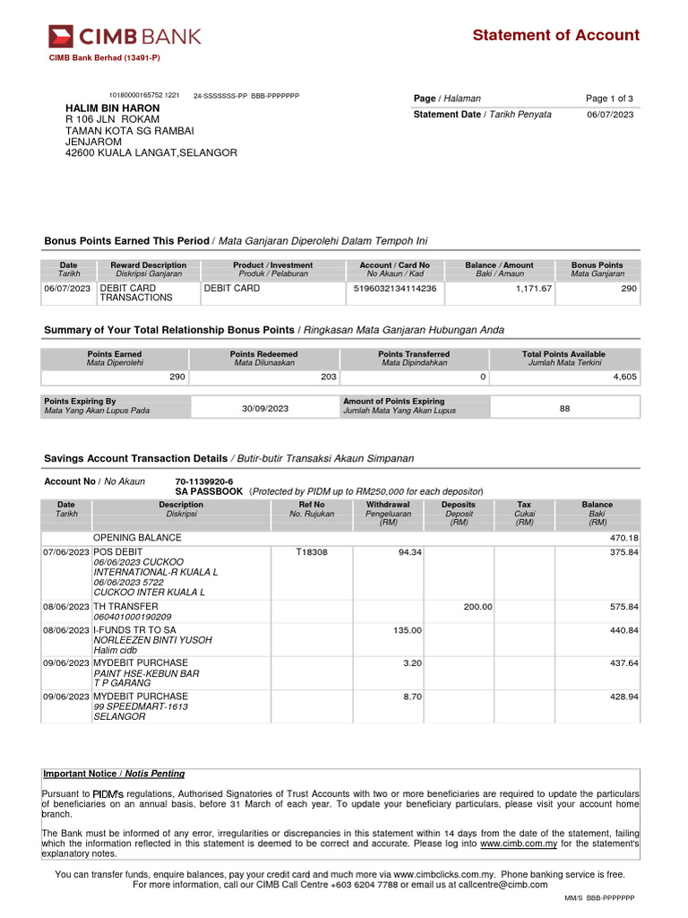 CIMB Bank Statement Summary | PDF | Debit Card | Banks