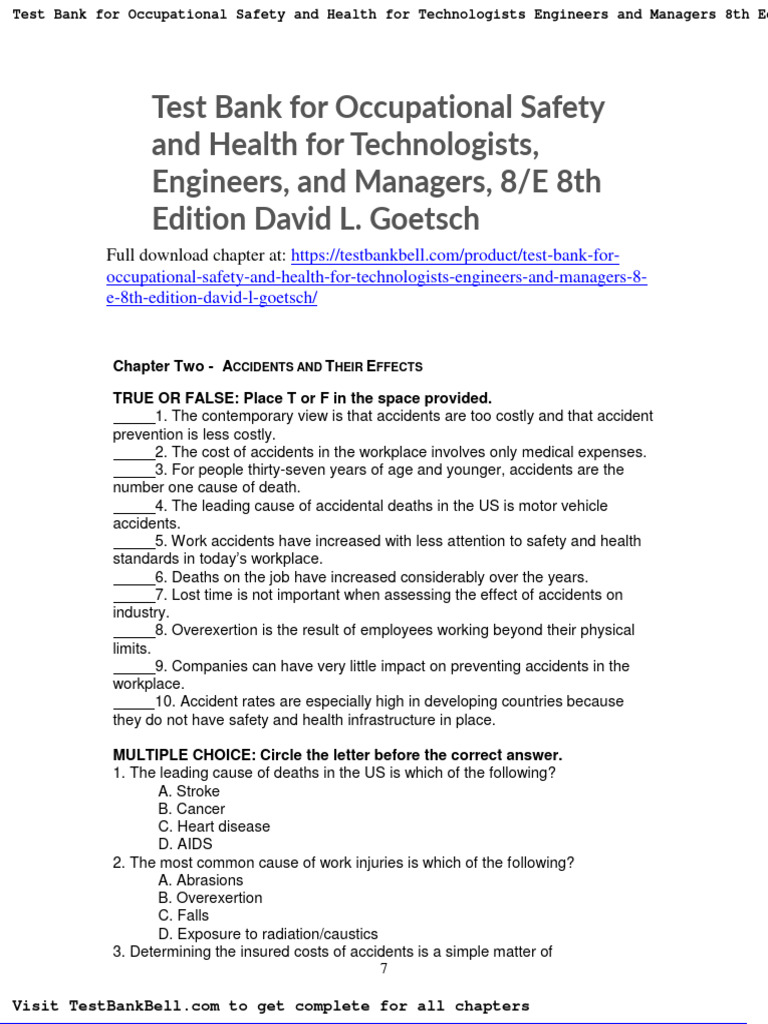 Test Bank For Occupational Safety and Health For Technologists