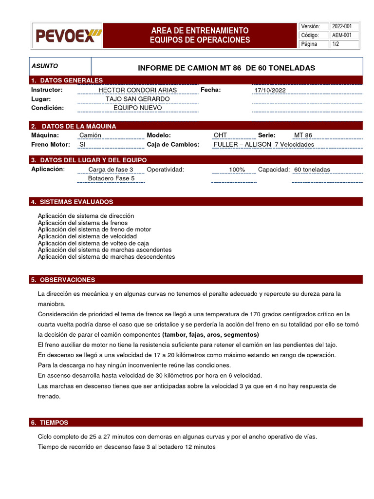 Informe sobre Camión MT 86 de 60 Toneladas | PDF | Camión | Bienes ...