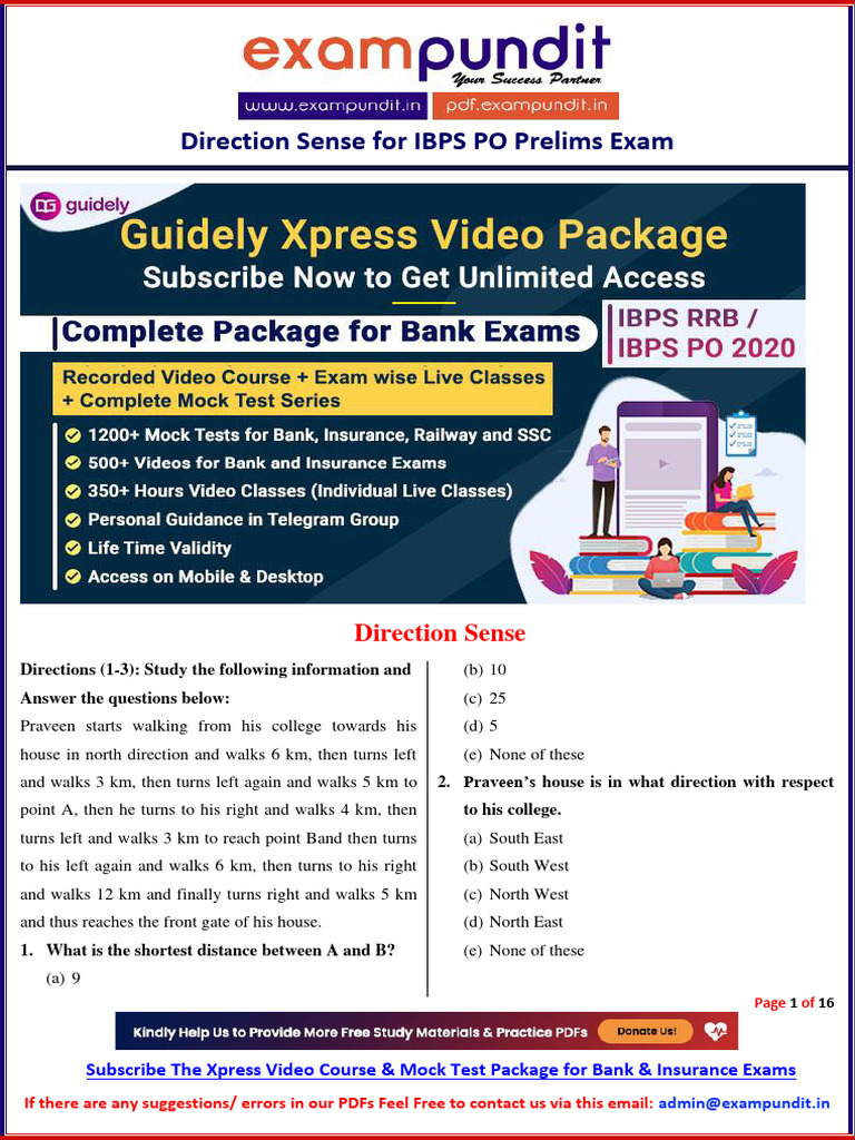 Direction Sense Questions For Ibps Po Prelims Exam | PDF