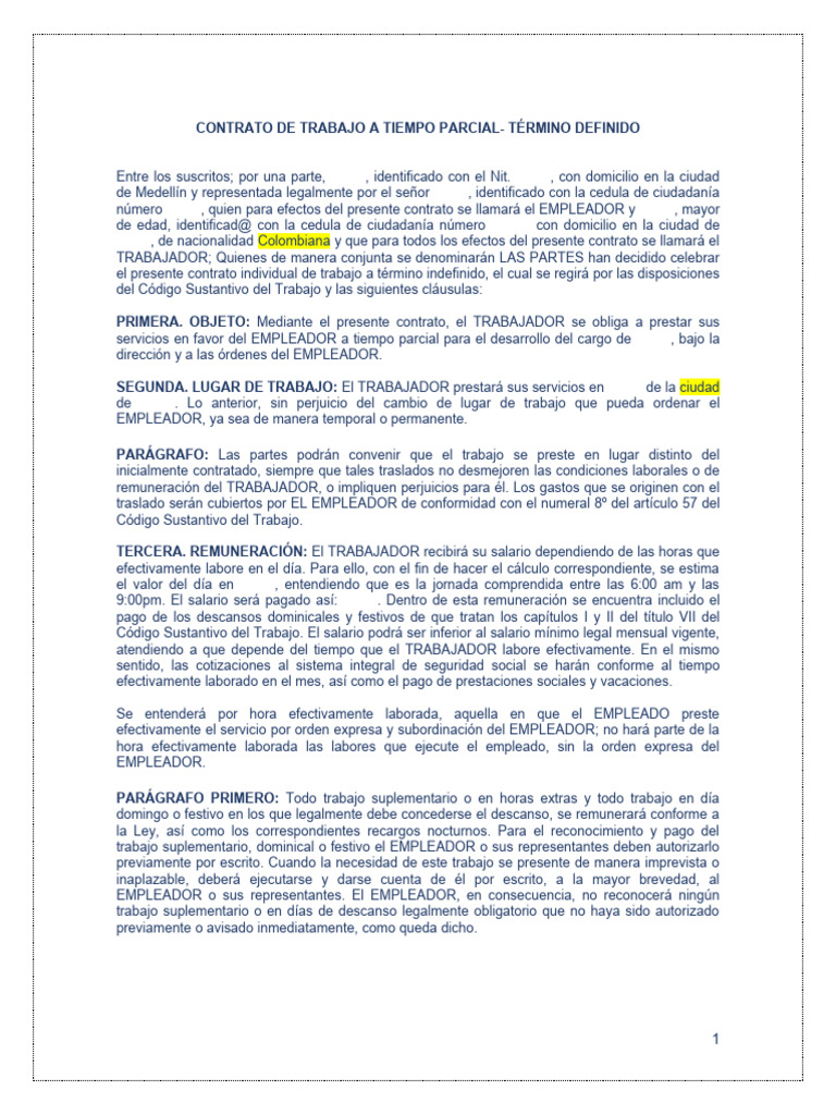 Modelo de Contrato a Tiempo Parcial en Colombia | PDF | Salario ...