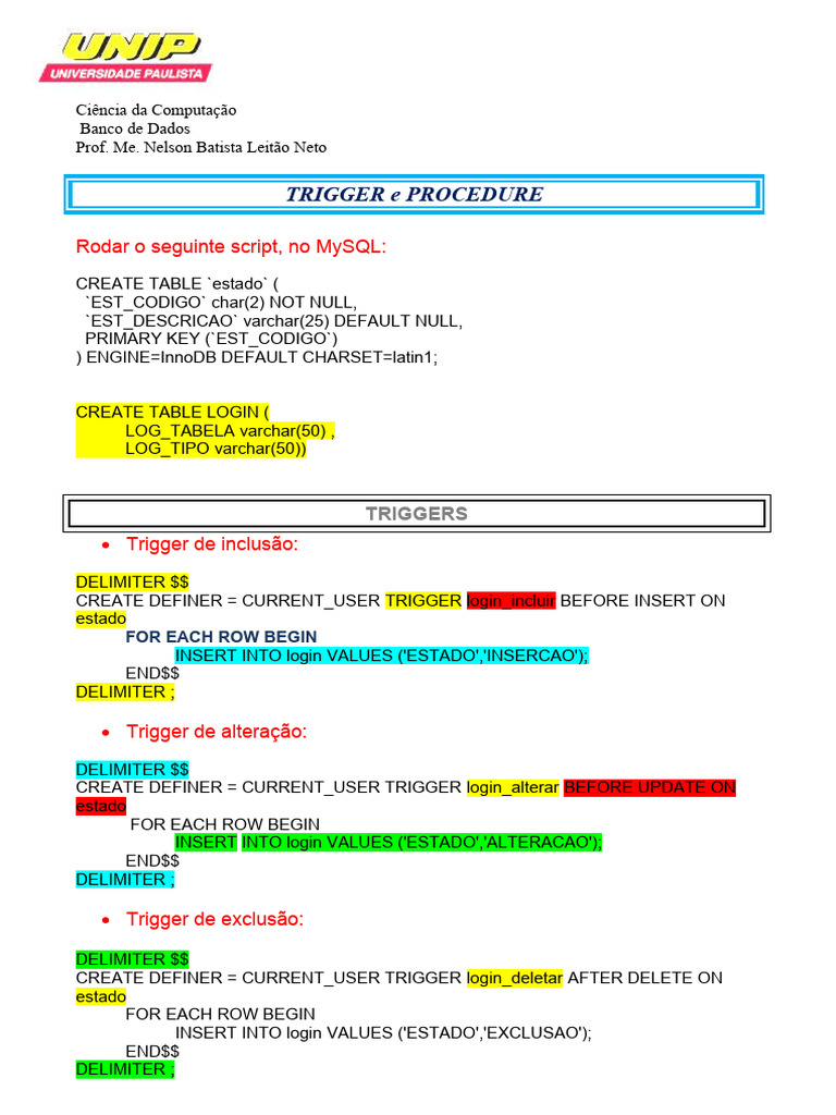 Aula 5 Trigger e Procedure | PDF