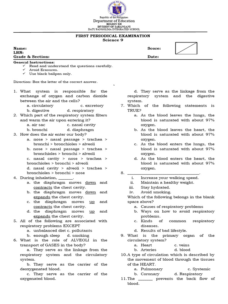 1st Periodic Test - Science 9-2 | PDF | Dominance (Genetics) | Heart