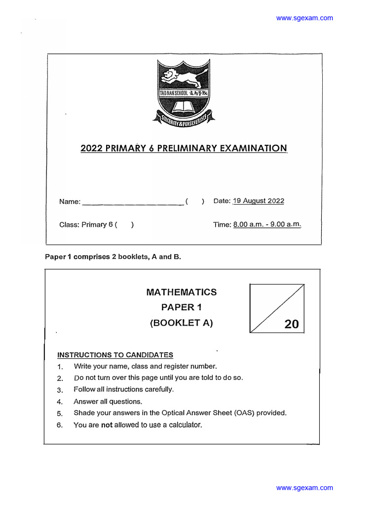 2022 P6 Maths Prelim Tao Nan PDF