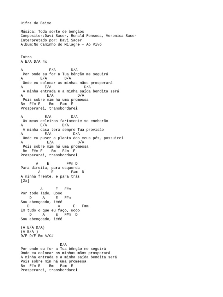 Toda Sorte De Bencaos Davi Sacer Bass Pdf