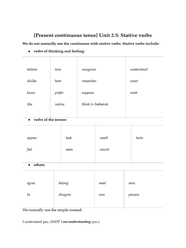 Stative Verbs in Present Continuous Tense | PDF | Language Arts ...