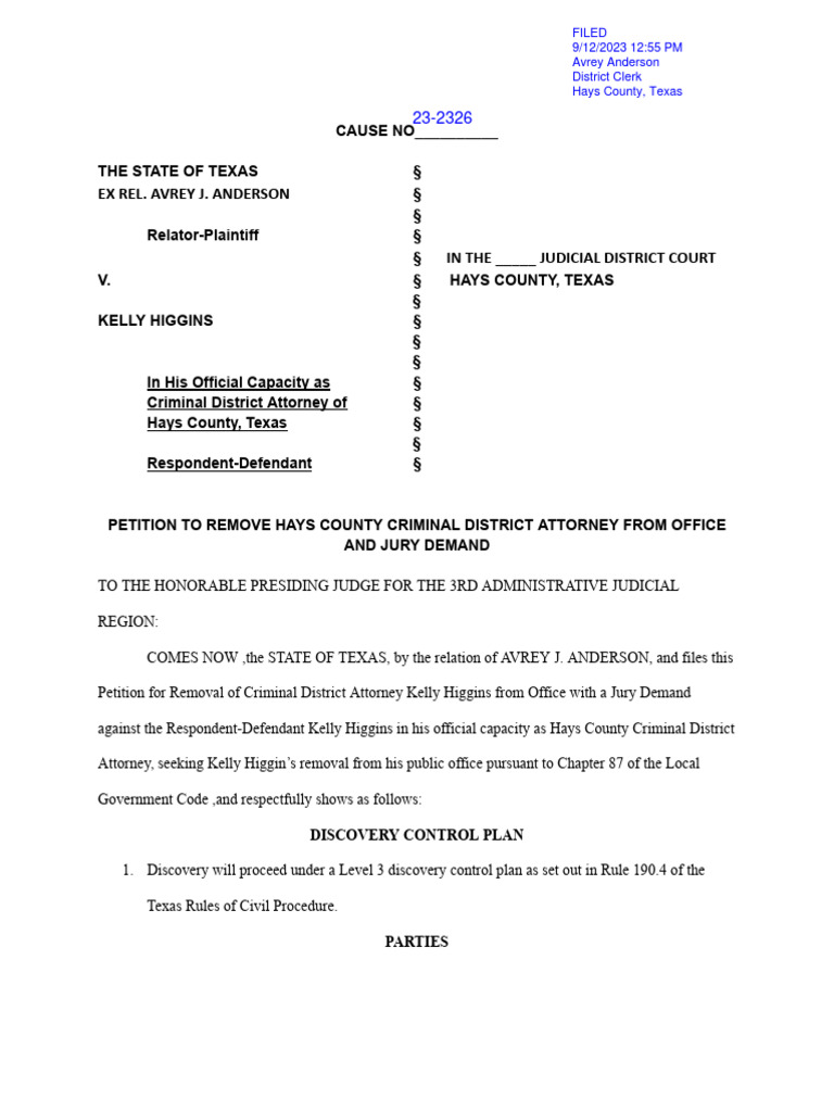 Hays County District Clerk Petition PDF Prosecutor District Attorney