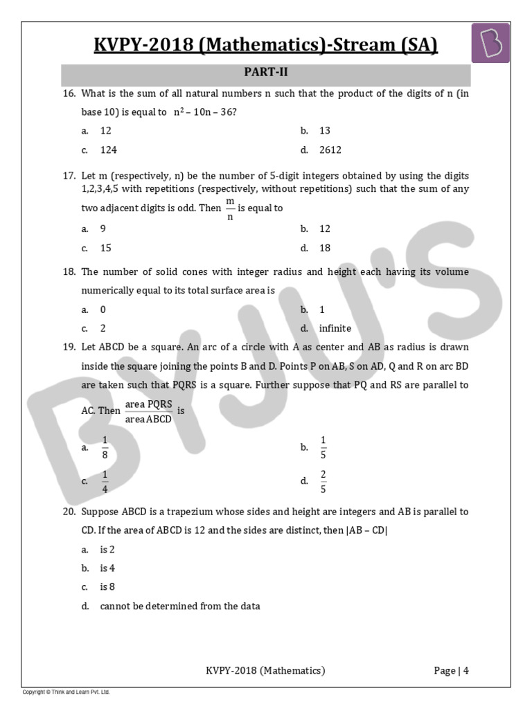 KVPY SA 2018 Maths Question Answerkey Solutions PDF Numbers