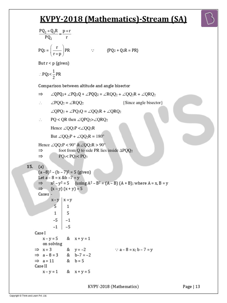 KVPY SA 2018 Maths Question Answerkey Solutions PDF
