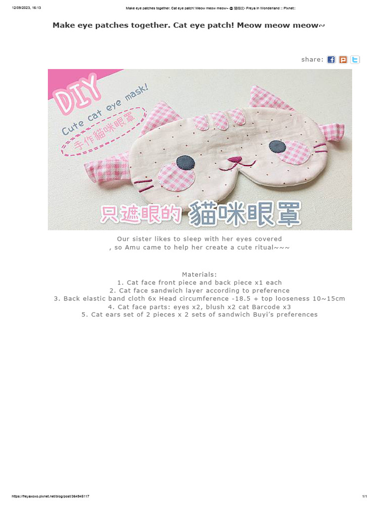 Make eye patches together. Cat eye patch! Meow meow meow 猫Q比 Freya