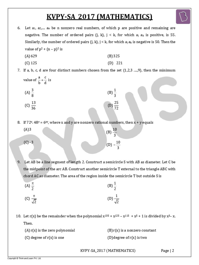 KVPY SA 2017 Maths Question Answerkey Solutions | PDF | Mathematics ...