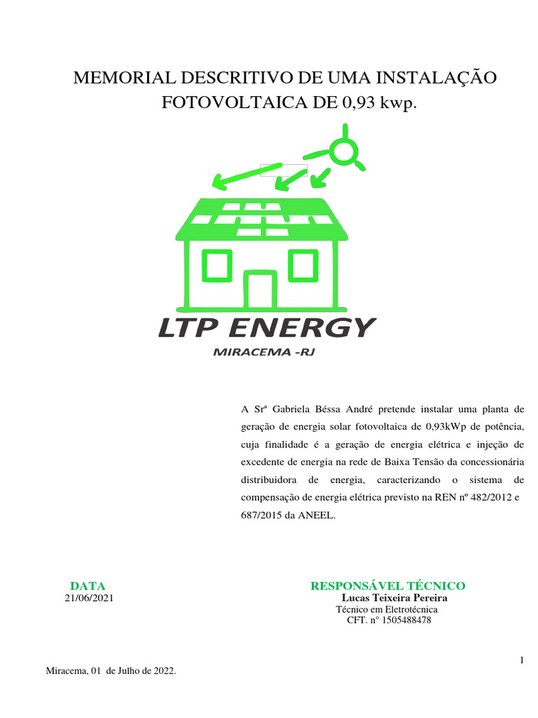 Memorial Descritivo Do Sistema de Energia Solar 0,93 KWP | PDF ...