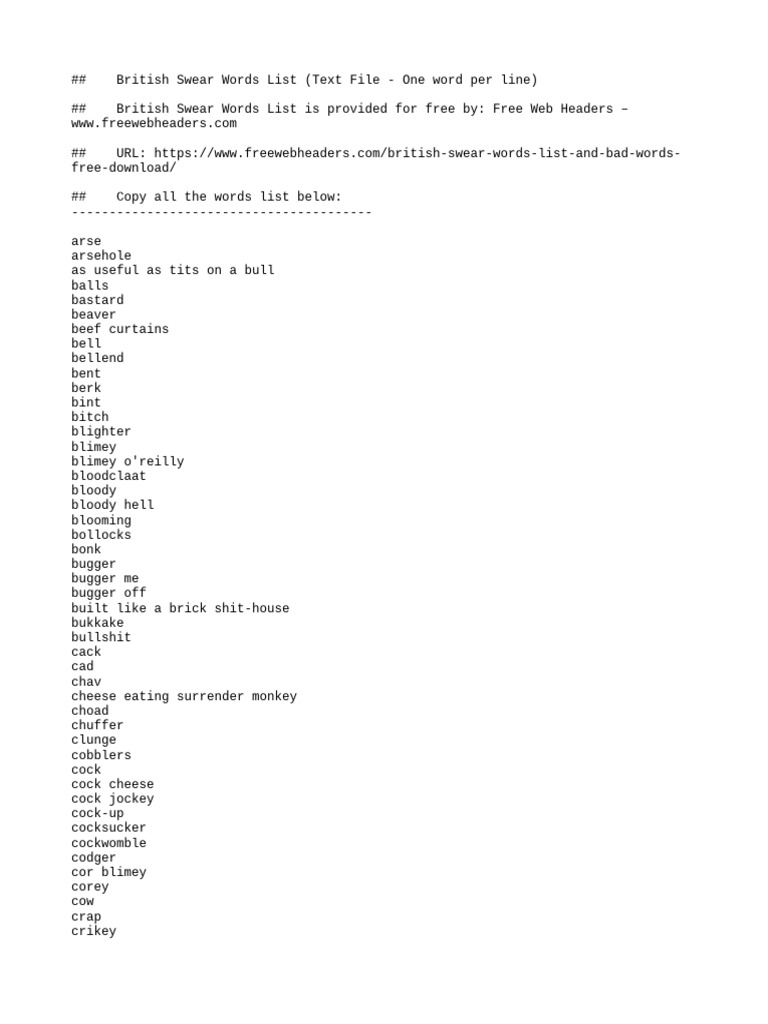 British Swear Words List Text File PDF