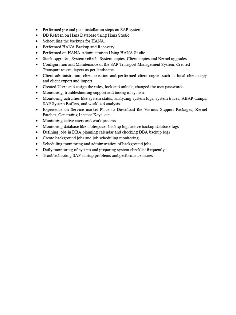 Performed pre and post installation steps on sap systems pdf