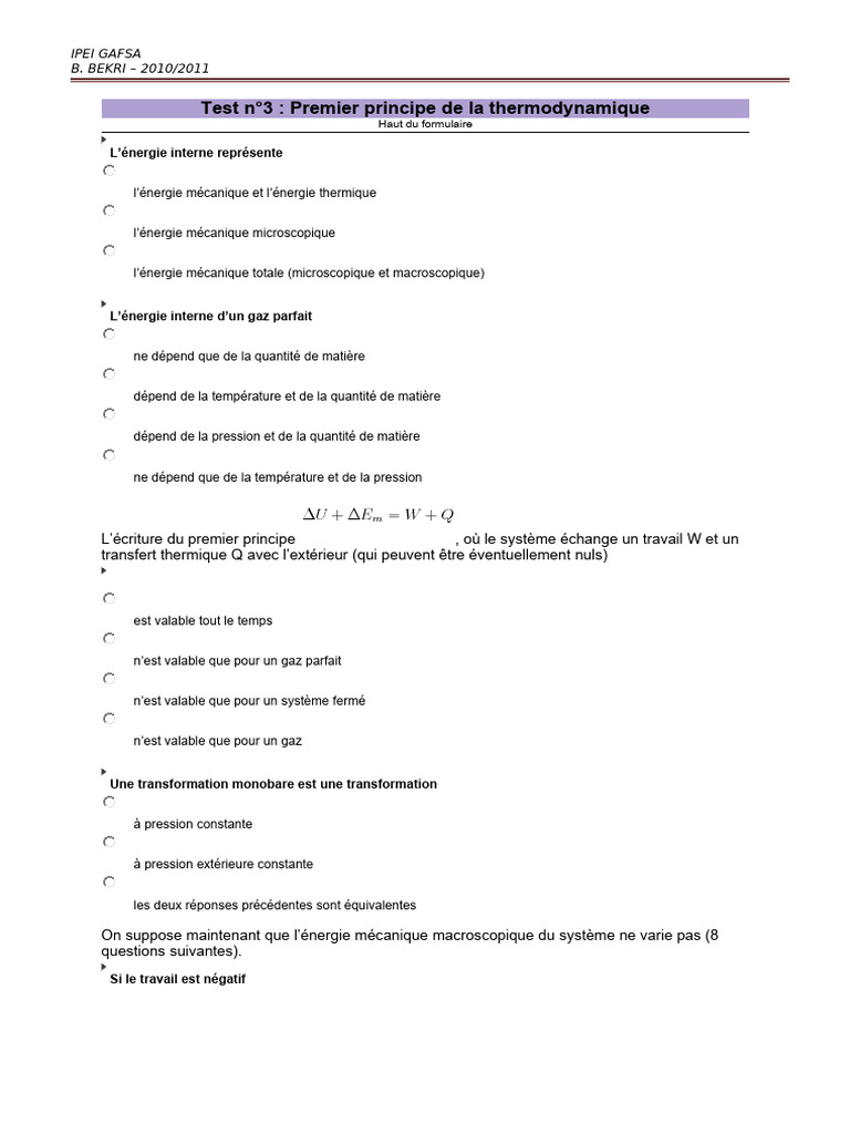 Test sur le Premier Principe de Thermodynamique | PDF | Transfert ...