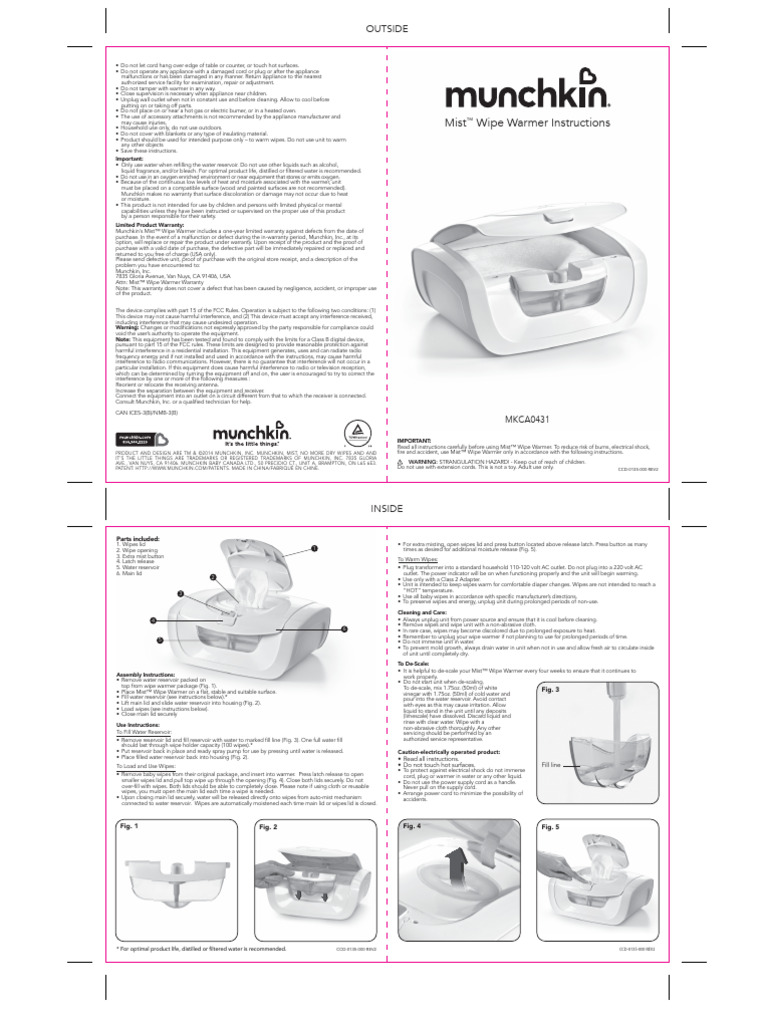 Munchkin Mist Wipe Warmer Instructions | PDF | Water | Ac Power Plugs And Sockets