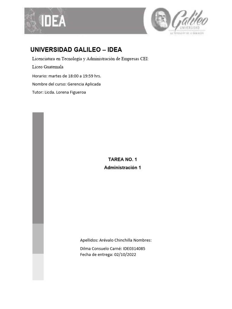 Universidad galileo idea tarea no 1 administraci n 1 pdf
