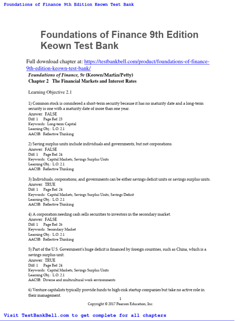Foundations of Finance 9th Edition Keown Test Bank PDF Capital