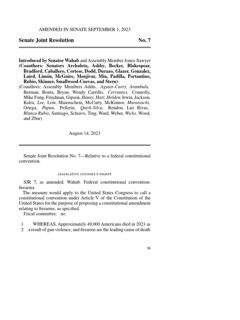 Senate Joint Resolution 7 PDF Government Firearms