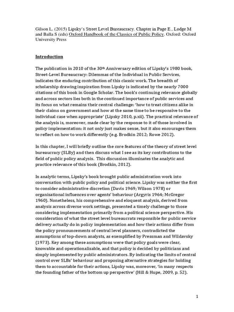 Gilson Lipsky's Street Level Bureaucracy PDF