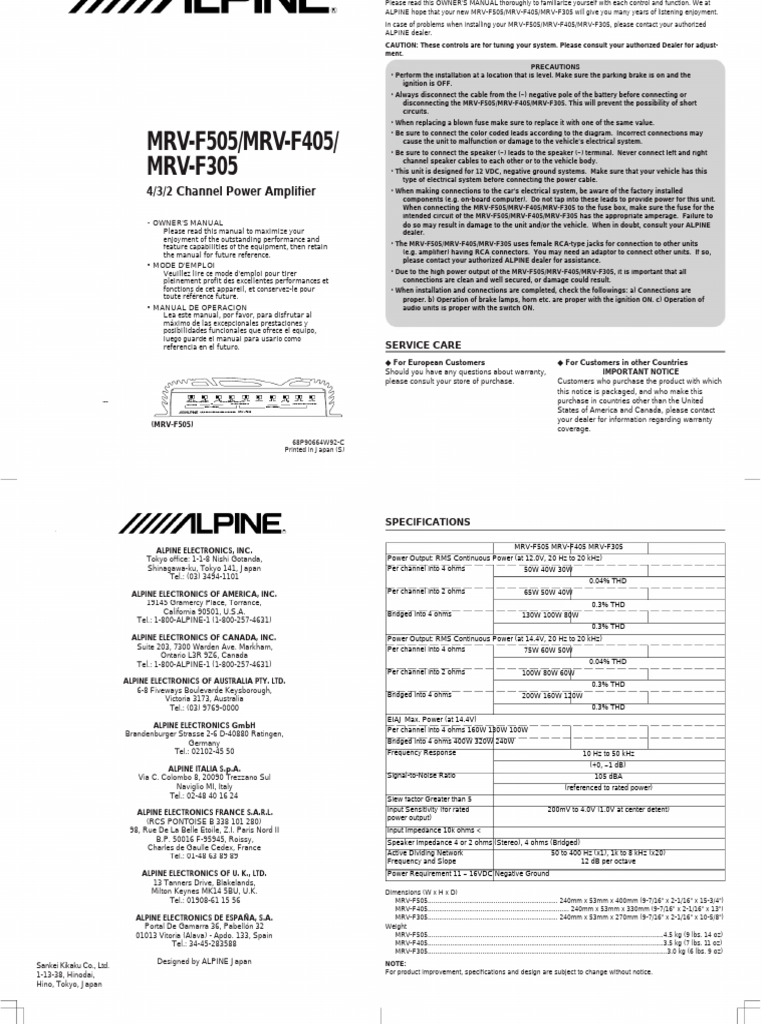 Alpine MRV-F505/F405/F305 Manual | PDF | Decibel | Fuse (Electrical)