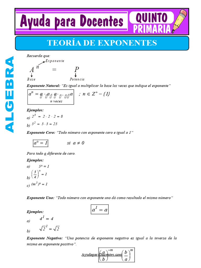 Teoria de Exponentes para Quinto de Primaria | PDF | Exponenciación
