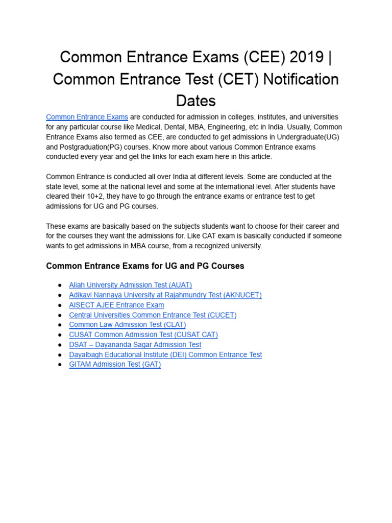 Common Entrance Exams (CEE) 2019 - Common Entrance Test (CET ...