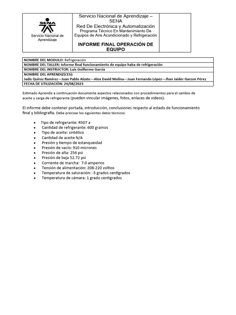 Anexo 2 Informe Final Funcionamiento De Equipo Pdf Aire