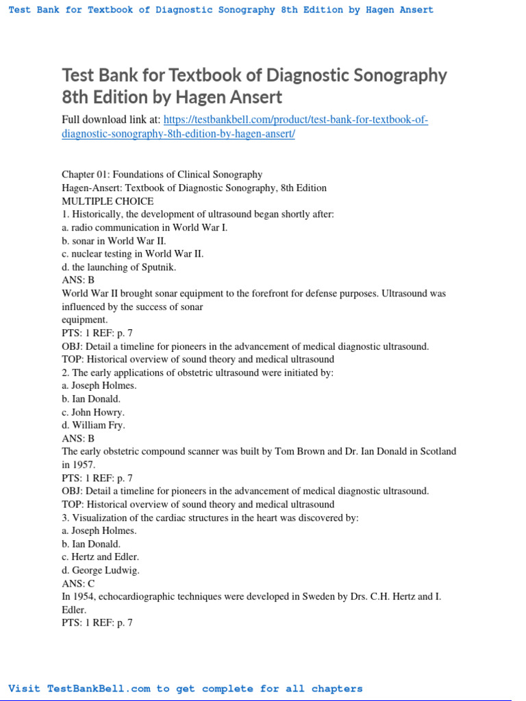Test Bank For Textbook of Diagnostic Sonography 8th Edition by Hagen