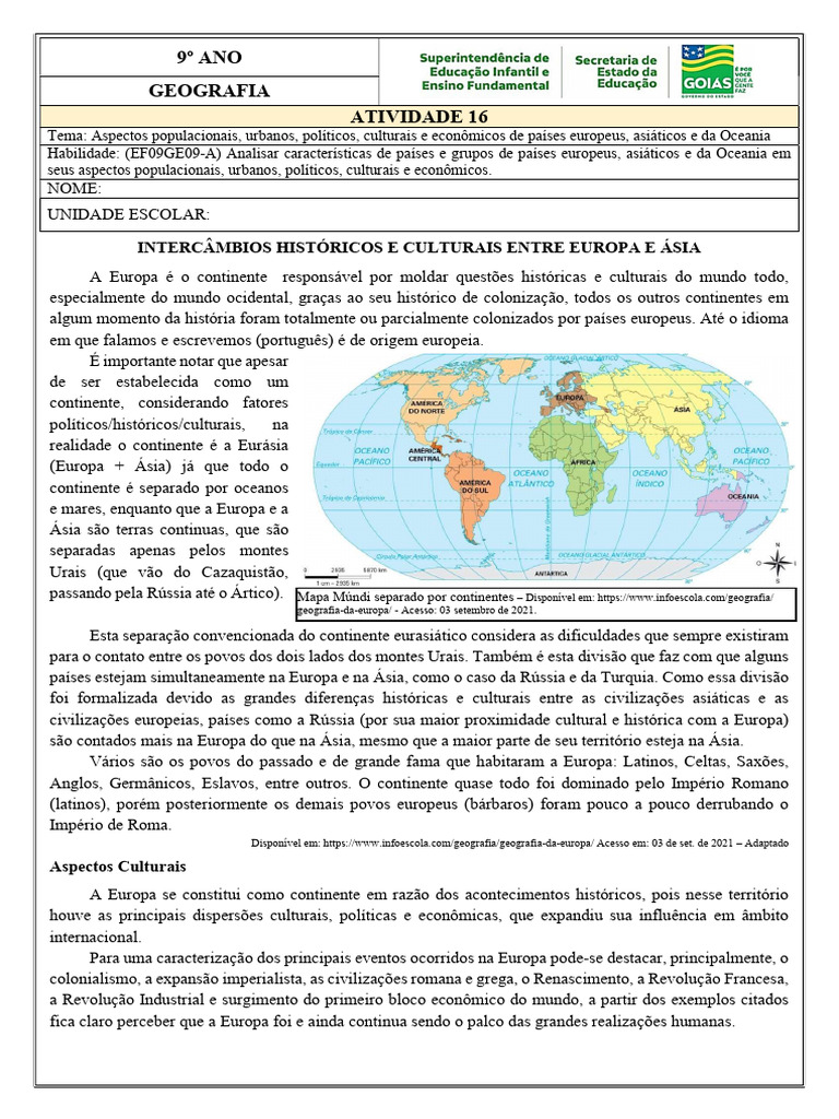 Atividade 16 9o GEO Aspectos Populacionais Urbanos Politicos Culturais ...