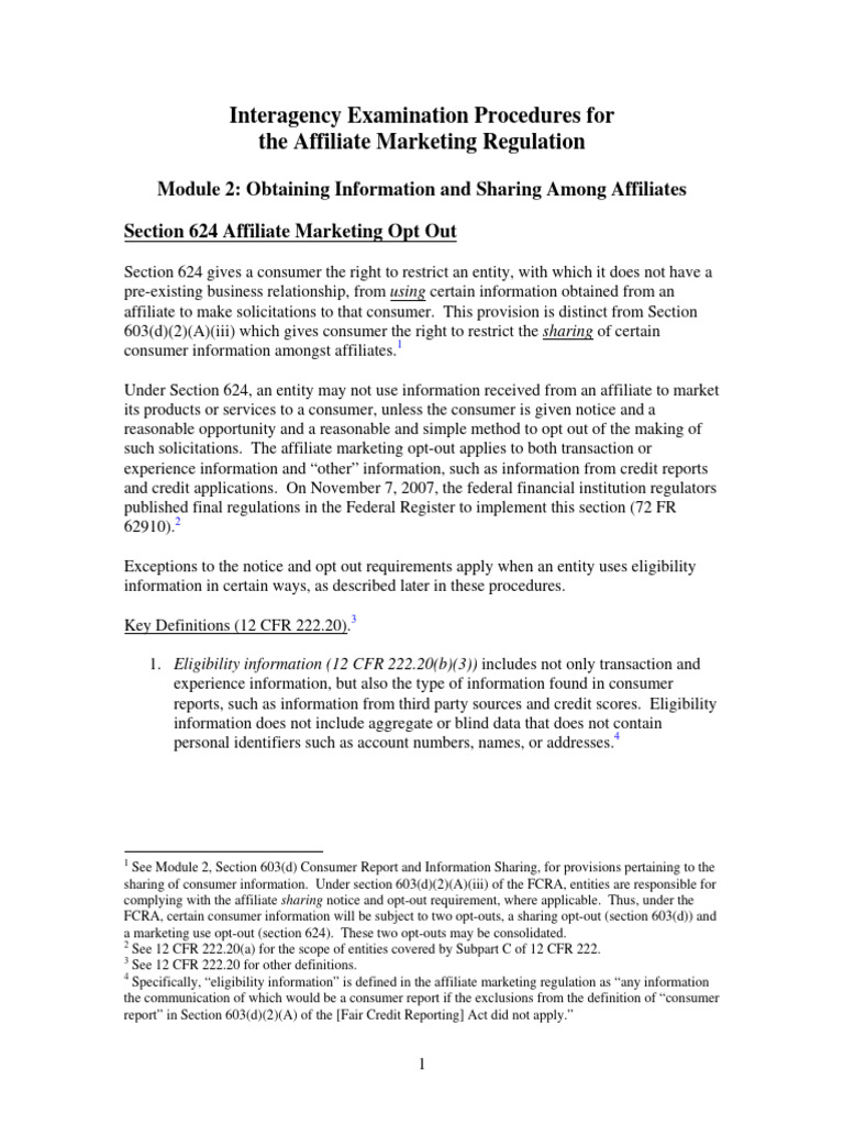 Interagency Examination Procedures For The Affiliate Marketing