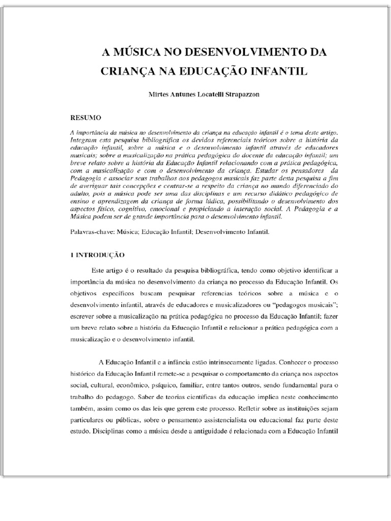 A Música No Desenvolvimento Da Criança Na Educação Infantil | PDF