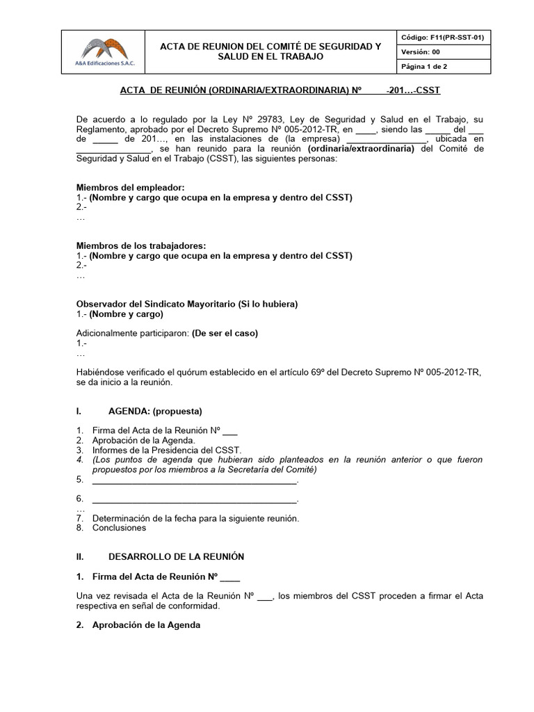 F11 (PR-SSOMA-01) Acta de Reunión Del CSST | PDF | Gobierno