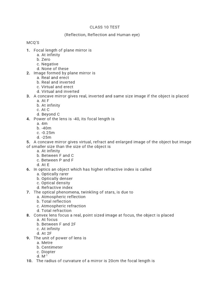 Class Test 10 (RRH) | PDF | Eye | Human Eye