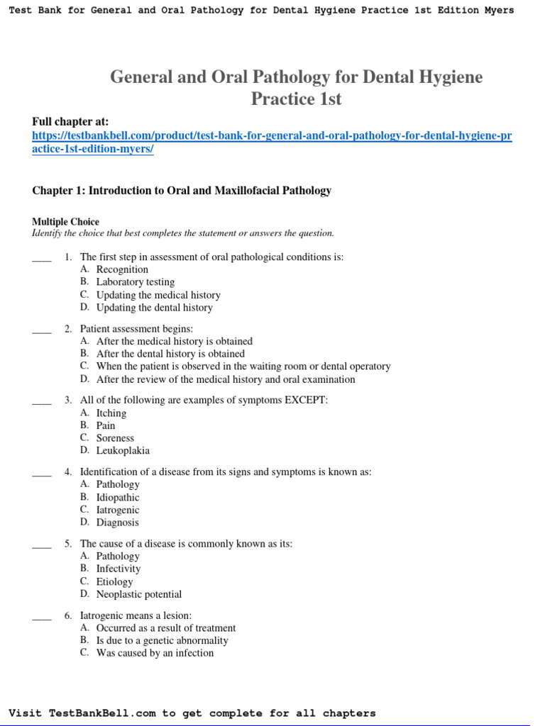 Test Bank For General and Oral Pathology For Dental Hygiene Practice