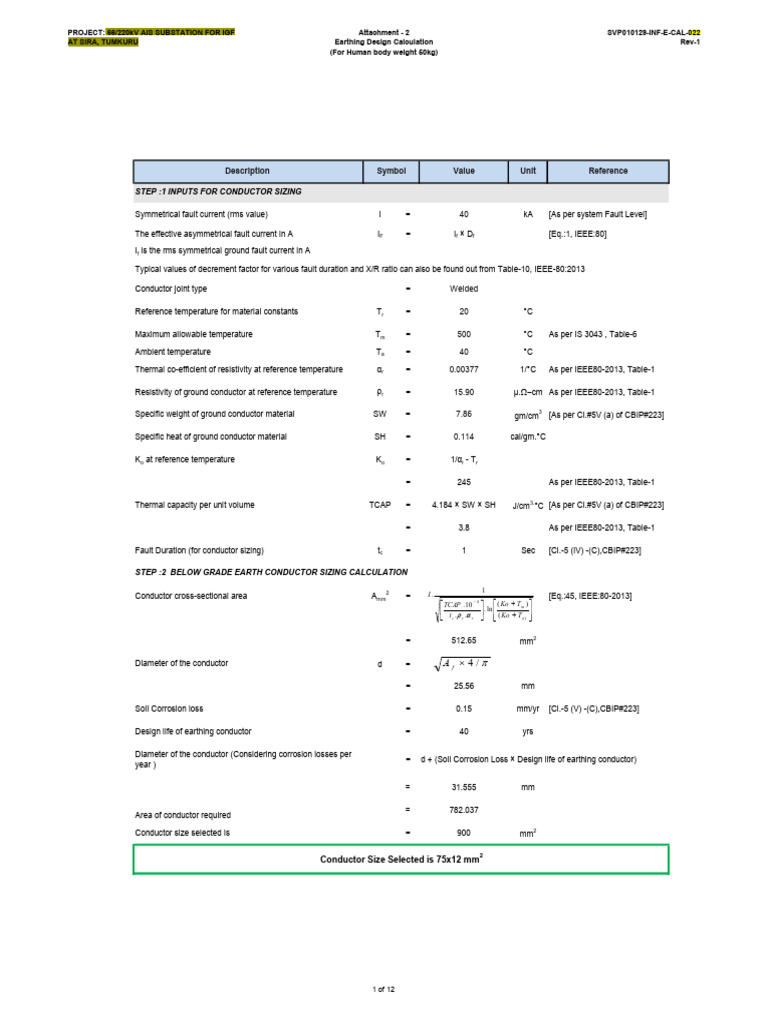 Earthing Design Calculation for Substation | PDF | Electrical ...