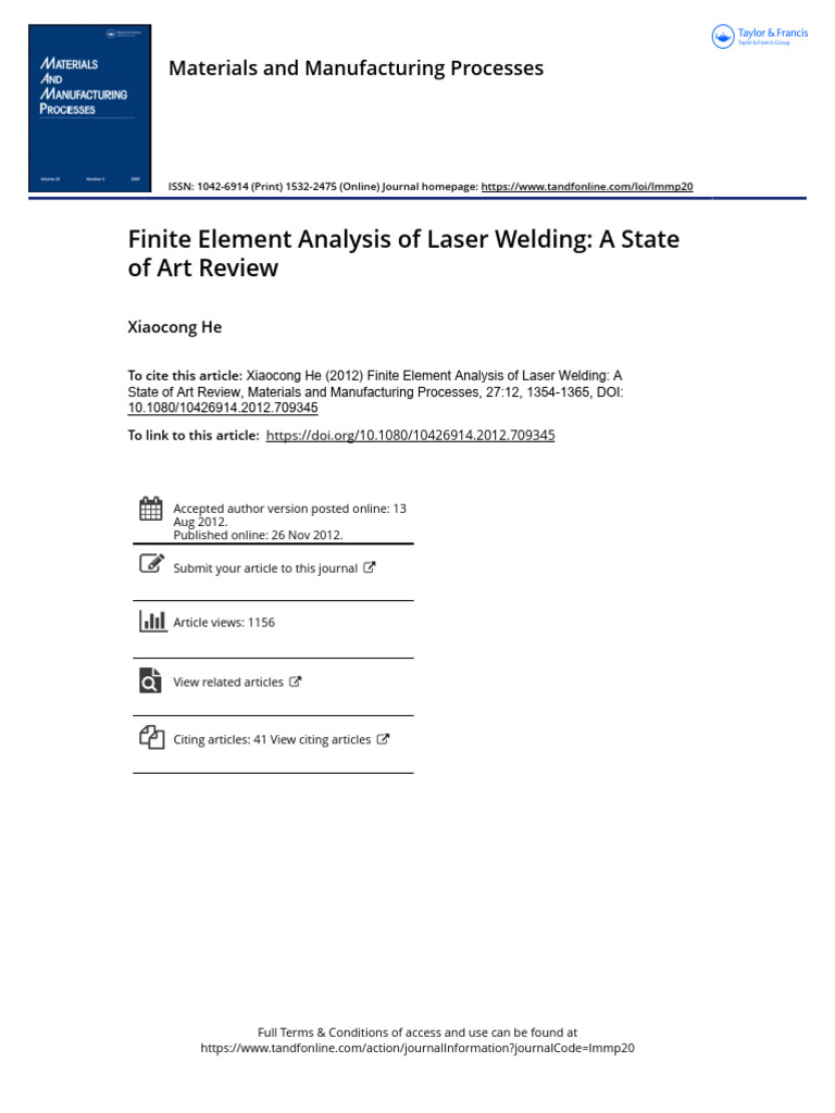 Finite Element Analysis of Laser Welding A State of Art Review | PDF