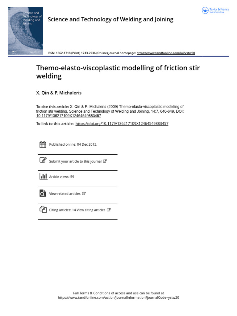 Themo Elasto Viscoplastic Modelling of Friction Stir Welding PDF