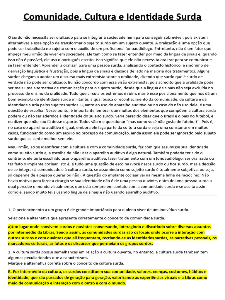 Comunidade, Cultura e Identidade Surda | PDF | Surdez | Linguagem de sinais