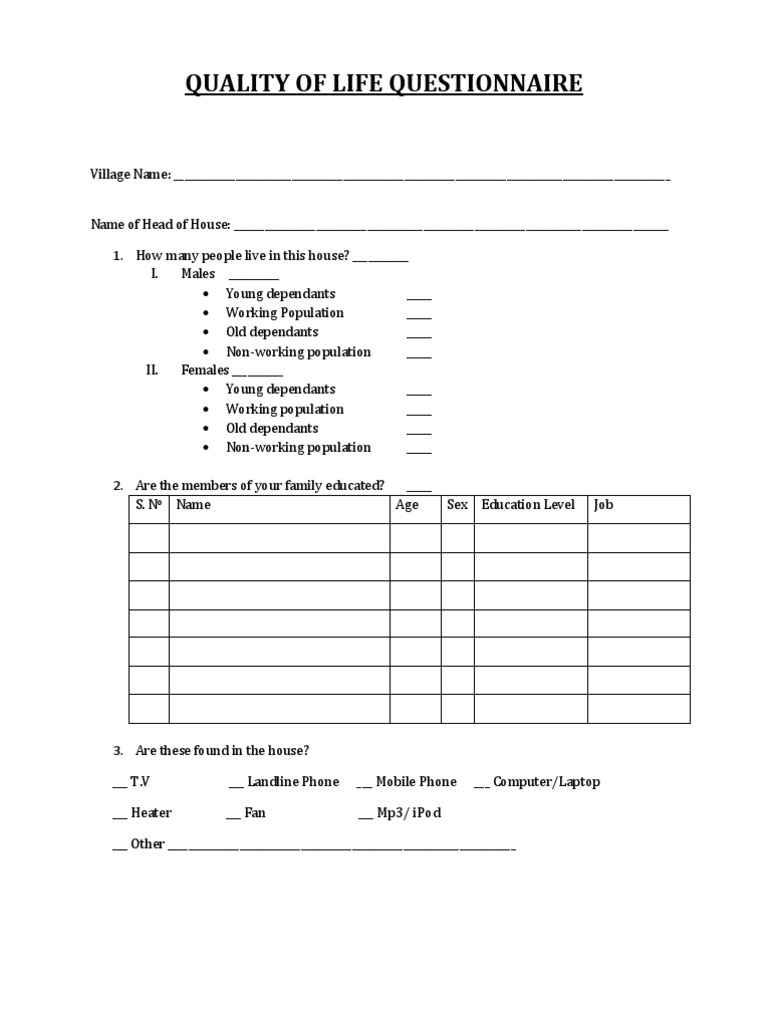 Quality of Life Questionnaire PDF