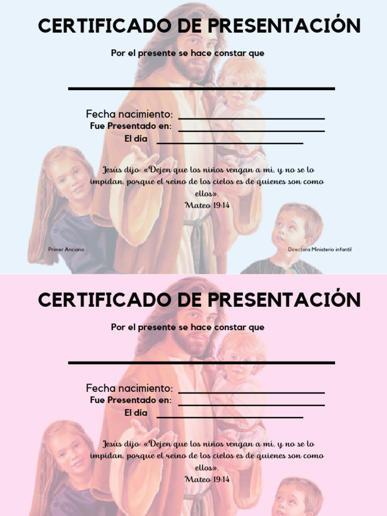 Certificado Niño y Niña Presentacion Iglesia Adventista ...