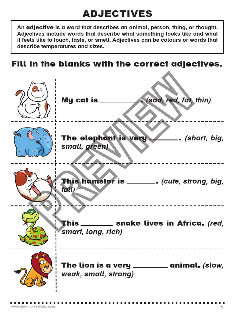 Adjectives Worksheets Preview For Kids | PDF