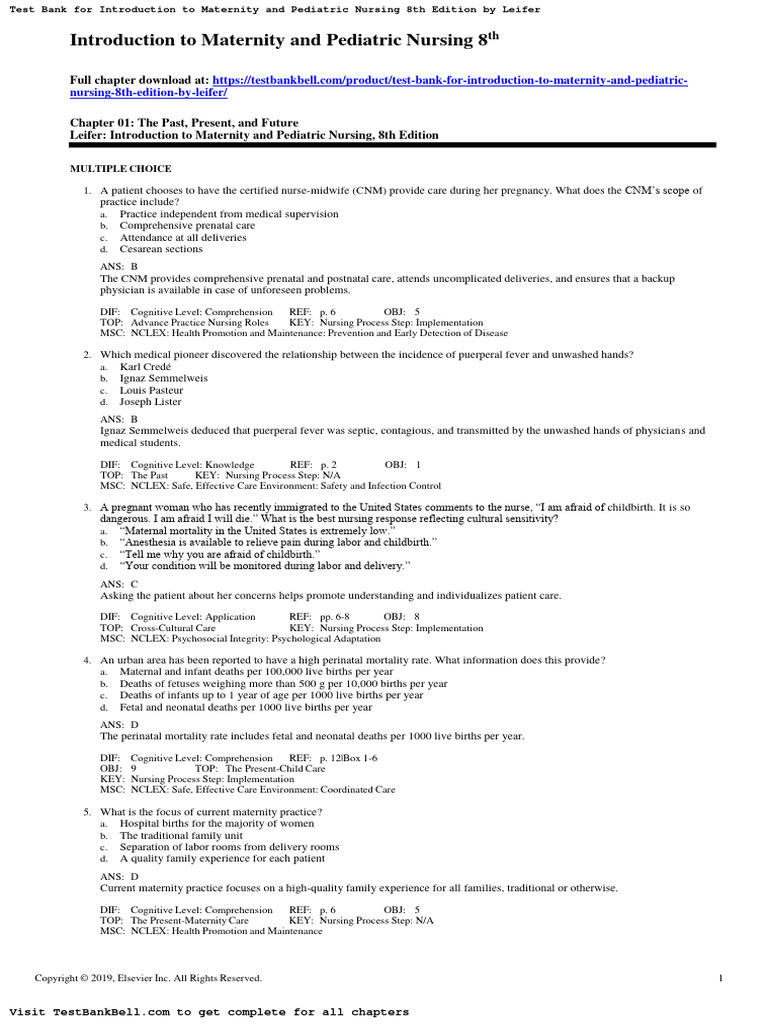 Test Bank For Introduction To Maternity and Pediatric Nursing 8th