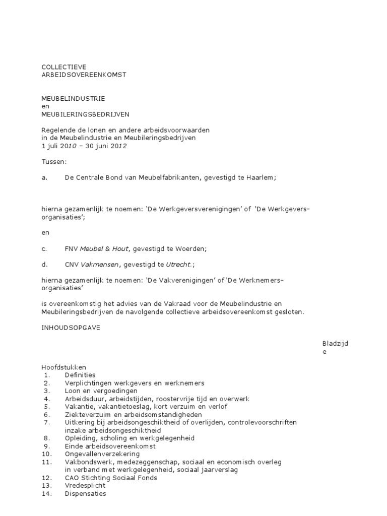 CAO Meubelindustrie en Meubileringsbedrijven 2010 2012 PDF