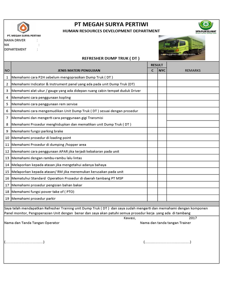 Pelatihan Refresher Dump Truk & Bull Dozer | PDF