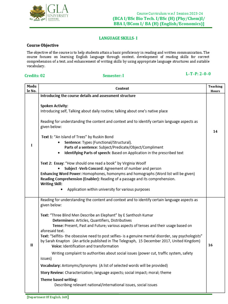 English Language Skills Curriculum 2023-24 | PDF | Career & Growth ...
