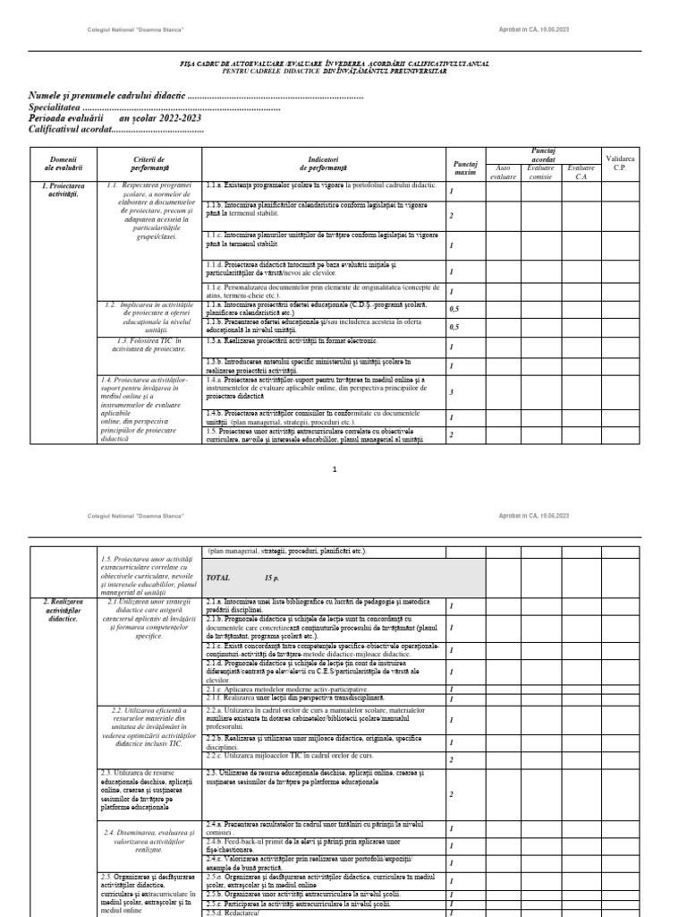 Fisa de Autoevaluare 2022-2023 | PDF