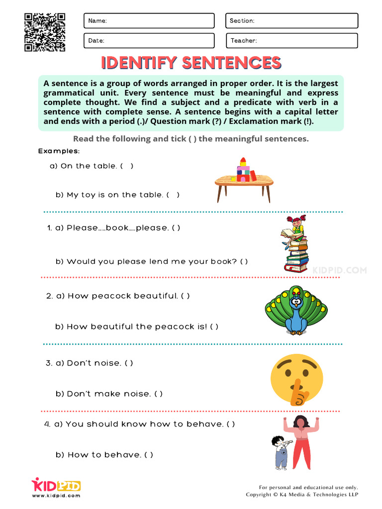 Identify Sentences Printable Worksheets For Grade 2 | PDF | Sentence ...