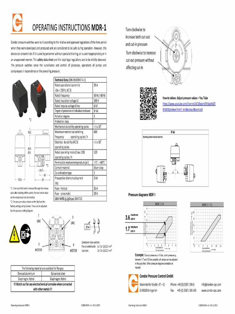 Instructions Condor MDR 1 Pressure Switch PDF